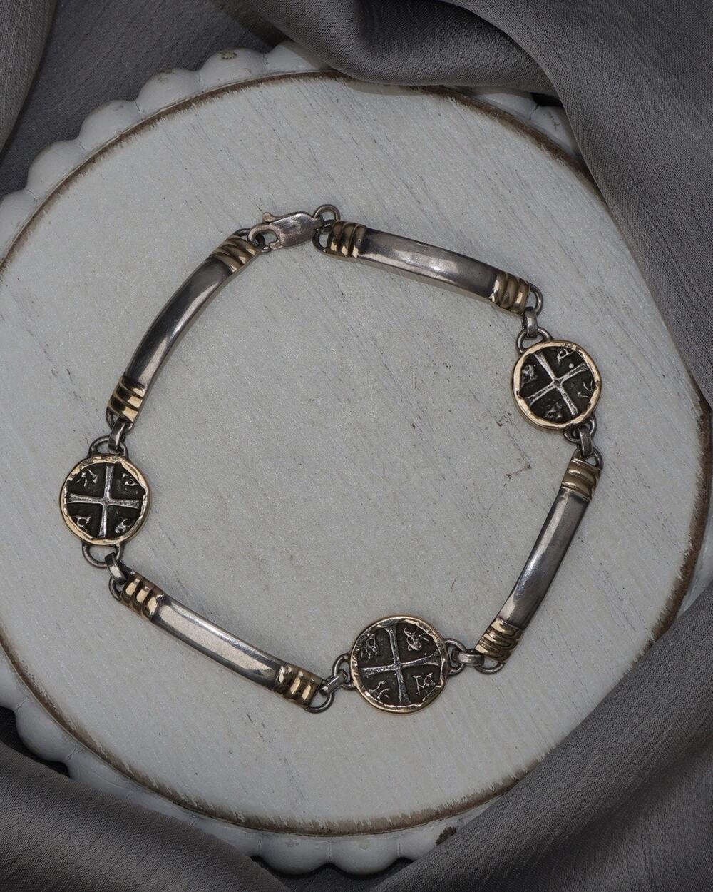 Vintage Sterling Silver & 14k Atocha Shipwerck Coin Bracelet 10.2G / 7.75in